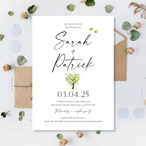 Inviti di nozze personalizzati stampati in verde primaverile, inviti per inviti per ospiti giornalieri o ricevimenti serali, solo festa, albero del cuore dell'amore