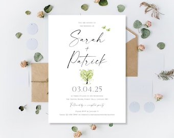 Printed Personalised Spring Green Wedding Invitations Invites Invitation Invite Day Guests Or Evening Reception Only Party Love Heart Tree