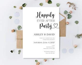 Gedruckte Hochzeitseinladungen: Personalisierte glücklich Ever After-Party-Abend-Empfang lädt ein | Minimalistische Tageseinladung