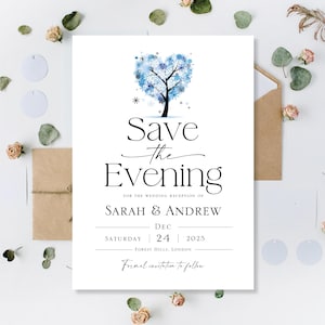 Gedruckte Winter-Save-The-Abend-Karten Save The Date-Karten Hochzeit Save Date Day-Empfang Sparen Sie unser Datum Minimalistisch Blauer Liebes-Herz-Baum