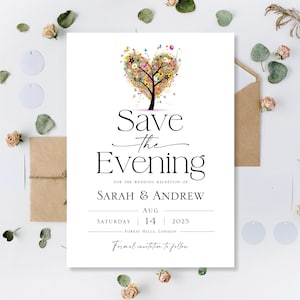 Gedruckte Sommer- Sparen Sie den Abend-Tag Datums-Karten Save The Date-Karten Sommer-Hochzeit Sparen Abend Sparen Sie unser Datum Minimalistisch Liebe Herz Baum