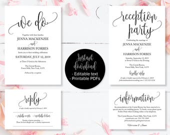 Wedding Invitation Template Set, Wedding Invitation, Reception Party Invite, RSVP Reply Cards, Guest Information Cards, Editable Templates