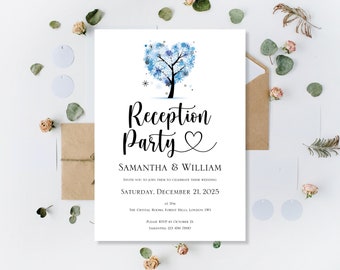 Printed Personalised Reception Party Evening Winter Blue Wedding Invitations Invites Day Guests Party Only Love Heart Tree Invites Cards