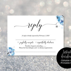 Bruiloft RSVP-kaarten, winter bruiloft antwoord aanwezigheid acceptatiekaarten, winter RSVP afdrukbare, bewerkbare bruiloft downloaden eenvoudige RSVP invoegen