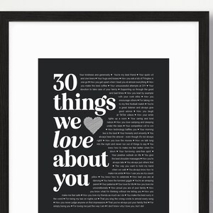 ANY age Birthday 30 Things We Love About You Reasons We Love You 30th Anniversary Personalized Printable Dad Husband Wife Boyfriend Him Her