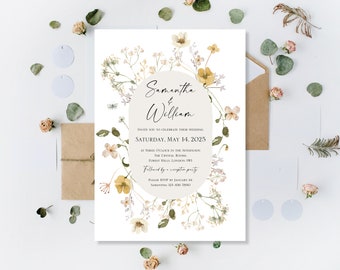 Printed Boho Wedding Reception Evening Party Day Invitations Invites Cards Modern Wreath Floral Meadow Wild Flowers Wildflowers Botanical