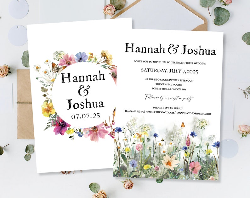 Printed Wedding Day Evening Party Reception Invitations Invites Cards Modern Floral Wreath Meadow Flowers Wildflowers Boho Flat Folded image 8