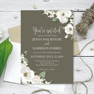 Printed Wedding Invitations, Gray Wedding Invitations, Grey Wedding Invitations, Gray Reception Invites, Gray Floral Invites, Boho Invites