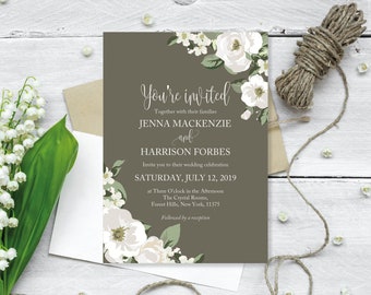 Printed Wedding Invitations, Gray Wedding Invitations, Grey Wedding Invitations, Gray Reception Invites, Gray Floral Invites, Boho Invites