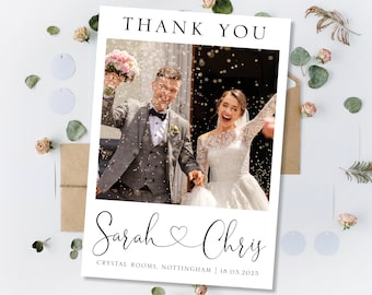 Cartes de remerciement de mariage imprimées, cartes de remerciement modernes simples mariage, cartes de remerciement de mariage avec photo, cartes de remerciement photo carte postale