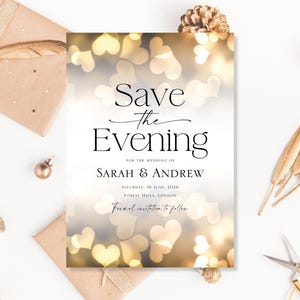 Tarjetas de invitación para boda impresas Save The Evening Day Date Night Tarjetas Save The Date Boda Noche Save Our Date Corazones de amor dorados Minimalista Simple
