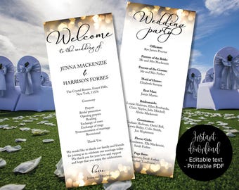 Wedding Program, Gold Wedding, Program Template, Gold Hearts, Ceremony Order Service Booklet Program, Church Civil Wedding Program Template