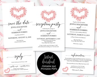 Red Heart Wedding Invitation Template Set, Save the Date Printable, Invite, RSVP Reply Card, Guest Information, Editable Printable Templates