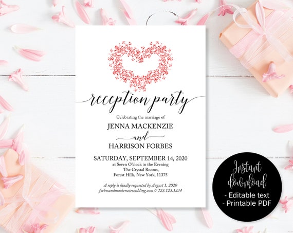 Red Heart Wedding Reception Party Invites Evening Etsy