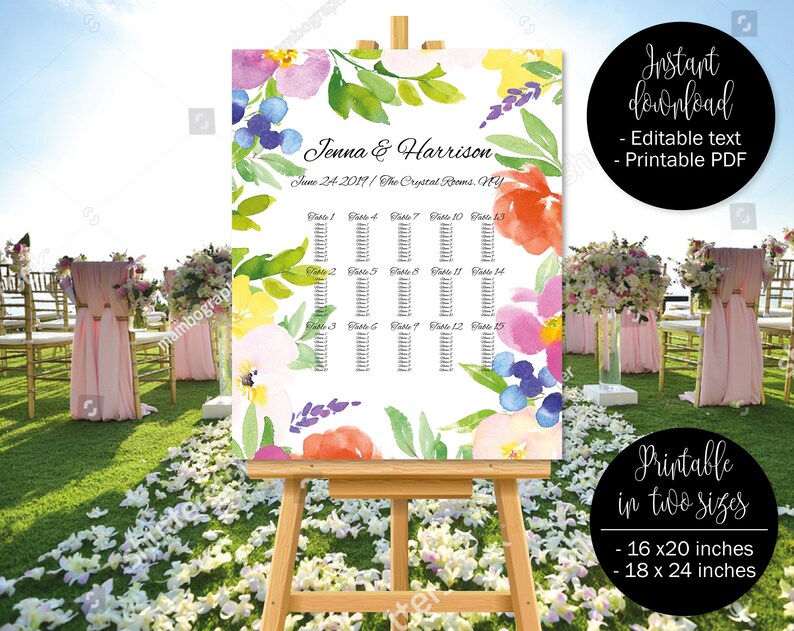 Watercolor Floral Wedding Template Seat Plan Wedding Table Plan Chart Wedding Seating Chart Plan Printable Template Border 3 SEATING-3