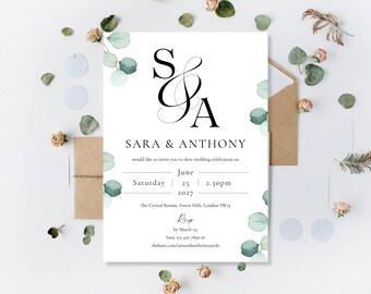 Printed Wedding Invitations Invites Daytime Day Ceremony and or Evening Reception Party Eucalyptus Minimalist