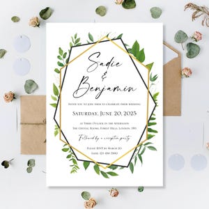 Invitaciones de boda impresas Invitaciones para el día Durante el día o la noche Recepción Verde Oro Eucalipto Diseño moderno Tema personalizado