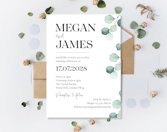 Printed Wedding Invitations Daytime And Evening Reception Party Day Ceremony Invites Eucalyptus Minimalist Modern