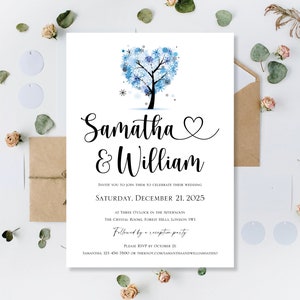 Gedruckte personalisierte Winter Blaue Hochzeit lädt Einladungen Tagesgäste Abend nur Empfang Party einladen Einladung Liebes-Herz- Baum-Schnee