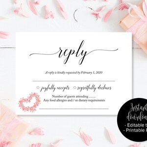 Rood hart bruiloft RSVP-kaarten, bruiloft antwoord aanwezigheid acceptatiekaarten, RSVP-sjabloon afdrukbare bewerkbare bruiloft briefkaart downloaden invoegen