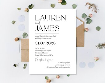 Op de afbeelding: Een minimalistische trouwkaart met de namen "LAUREN en JAMES". De uitnodiging bevat de datum "31.07.2028", evenementdetails en RSVP-informatie. Het ontwerp is strak met bloemenaccenten.