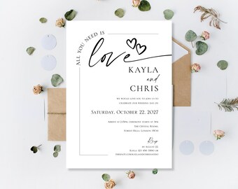 Printed Wedding Invitations: Personalised All You Need Is Love Invites | Reception Evening Night | Day Ceremony Invite | Minimalist | Modern
