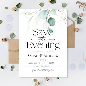 Tarjetas impresas Save The Evening Date Day Night Tarjetas Save The Date Boda Save Evening Save Our Date Minimalista Simple Verde Dorado Eucalipto