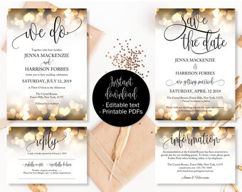 Gold Hearts Wedding Invitation Template Set, Save the Date, Invite, RSVP Reply Card, Guest Information, Editable Printable Wedding Templates