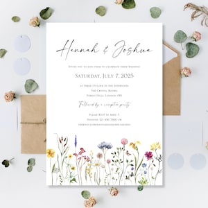 Printed Wedding Day Evening Party Reception Invitations Invites Cards Modern Floral Wreath Meadow Flowers Wildflowers Boho Flat Folded