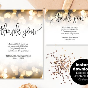 Cartões de agradecimento de casamento dourado, download de modelo de agradecimento de casamento, cartão postal de agradecimento de casamento, cartões de agradecimento de noivado, agradecimento de batismo