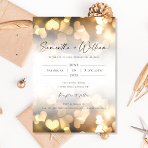 Invitaciones de boda impresas Invitaciones de día Día o noche Recepción Fiesta Corazones de amor dorados Diseño de boda personalizado moderno Tema