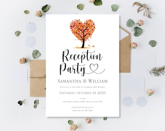 Printed Autumn Fall Wedding Evening Reception Party Only Invitations Invites Cards Day Stylish Personalised Orange Love Heart Tree Invite