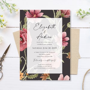 Gedrukte dag-avond huwelijksuitnodigingen uitnodigingen kaarten receptie feest wilde bloemen geperst weidebloemen krans moderne bloemen plat gevouwen
