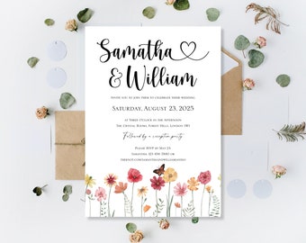 Printed Personalised Wildflower Meadow Wedding Invites Invitations Day Guests Evening Reception Only Party Summer Boho Invitation Invite