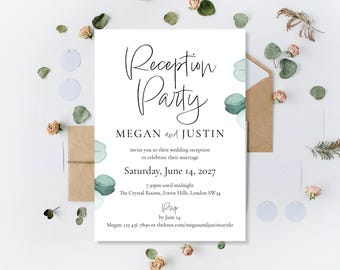 Printed Wedding Invites: Evening Reception Party Invitations | Day Daytime Ceremony | Eucalyptus Minimalist Modern Calligraphy