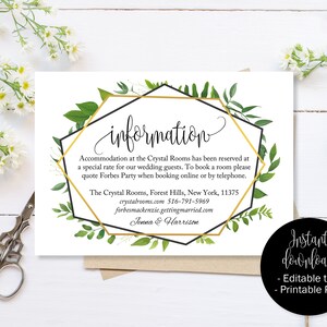 Grün und Gold Hochzeit Gast Details Vorlage, Hochzeitsgast Unterkunft Informationen zum Ausdrucken, Hochzeit Details Karte, Hochzeit Wegbeschreibung