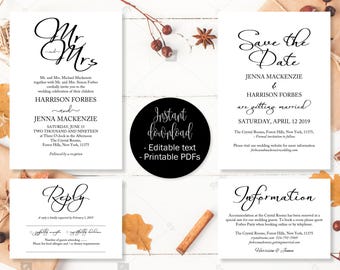 Printable Wedding Invitation Template Set, Invitation, Save the Date, RSVP Card, Guest Information, Editable Printable Wedding Templates