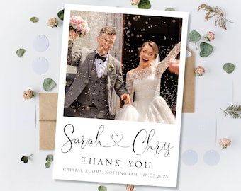 Cartes de remerciement de mariage imprimées, cartes de remerciement mariage, cartes de remerciement de mariage simples modernes avec photo, cartes de remerciement photo carte postale