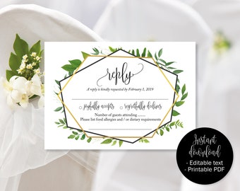 Green Wedding RSVP Cards, Wedding Reply Attendance Acceptance Cards, RSVP Template Printable Editable Wedding Download Simple RSVP Insert
