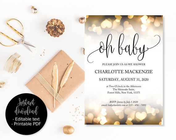 Gold Hearts Oh Baby Shower Invites, Oh Baby Shower Invitation Girl