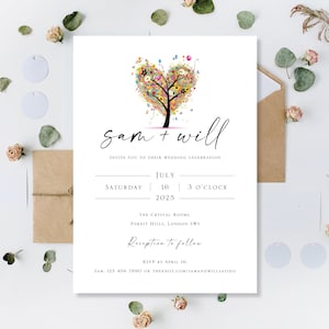 Invitaciones de boda de verano personalizadas impresas invitan a invitar a invitados durante el día o fiesta de recepción por la noche Rainbow Love Heart Tree