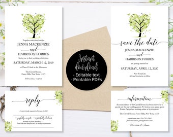 Spring Green Love Tree Wedding Invitation Template Set, Save the Date Printable, Invite RSVP Reply Card Guest Information Editable Printable