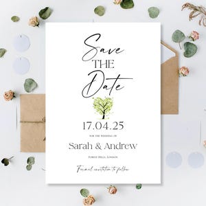 Gedruckte Frühlings-Save-The-Date-Karten Save The Date-Karten Hochzeit Sparen Abend Nacht-Empfang Sparen Sie unser Datum Minimalist Grün Liebe Herz-Baum