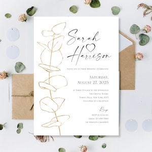 Gedruckte Gold Hochzeitseinladungen, Eukalyptus grüne Hochzeitseinladungen, Gold Botanische Blumen Hochzeitseinladungen lädt ein, Druck Hochzeitseinladungen