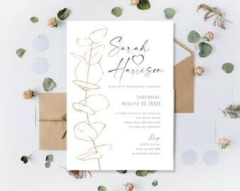Printed Gold Wedding Invitations, Eucalyptus green Wedding Invites, Gold Botanical Floral Wedding Invitations Invites, Print Wedding Invites
