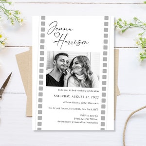 Printed Film Strip Wedding Invitation, Minimalist Wedding Invites, Elegant Unique Wedding Invite, Cheap Invitation, Modern Script invitation