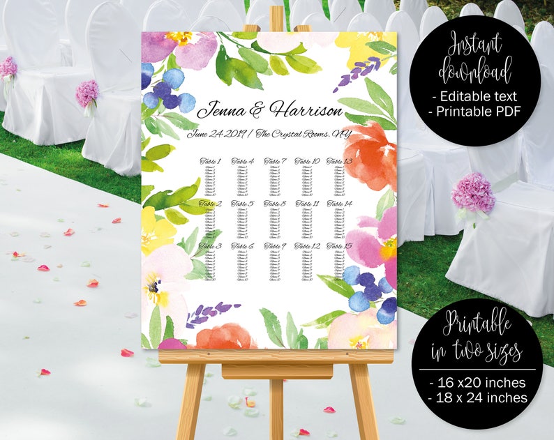 Watercolor Floral Wedding Template Seat Plan Wedding Table Plan Chart Wedding Seating Chart Plan Printable Template Border 3 SEATING-3