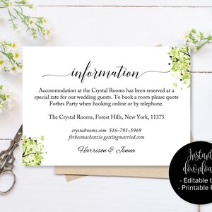 Modelo de detalhes de convidados de casamento verde primavera, informações de acomodação de convidados de casamento para impressão, cartão de detalhes de casamento, instruções de casamento