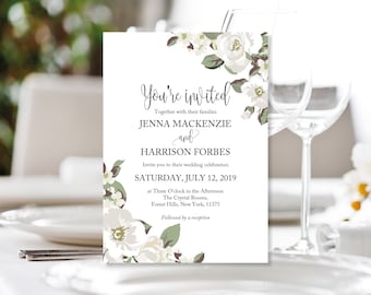 Printed Wedding Invitations, Green White Reception Invites, White Green Wedding Invitations, White Floral Invites, White Green Boho Invites