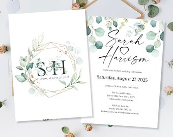 Printed Classy Green Sage Wedding Invitations, Print My Wedding Invites, Eucalyptus Wedding Invites, Botanical Rustic Invites Wedding Invite